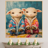 Adorable Painting of Two Fluffy Lambs in Colorful Floral Pajamas with Sweet Expressions Perfect for Nursery Kids Room or Farm Animal Lover Gift on Ready to Hang 1.5" Thick Canvas Wrap, Floating Framed Canvas, Flat Rolled Canvas
